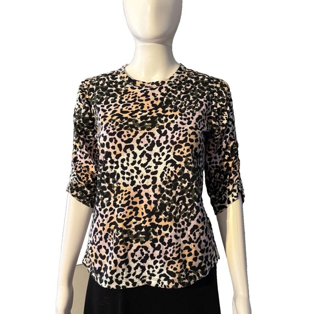 Veronica Beard Waldorf Cotton Leopard Ruched Sleeve T Shirt Fall Modern Tee SZ S